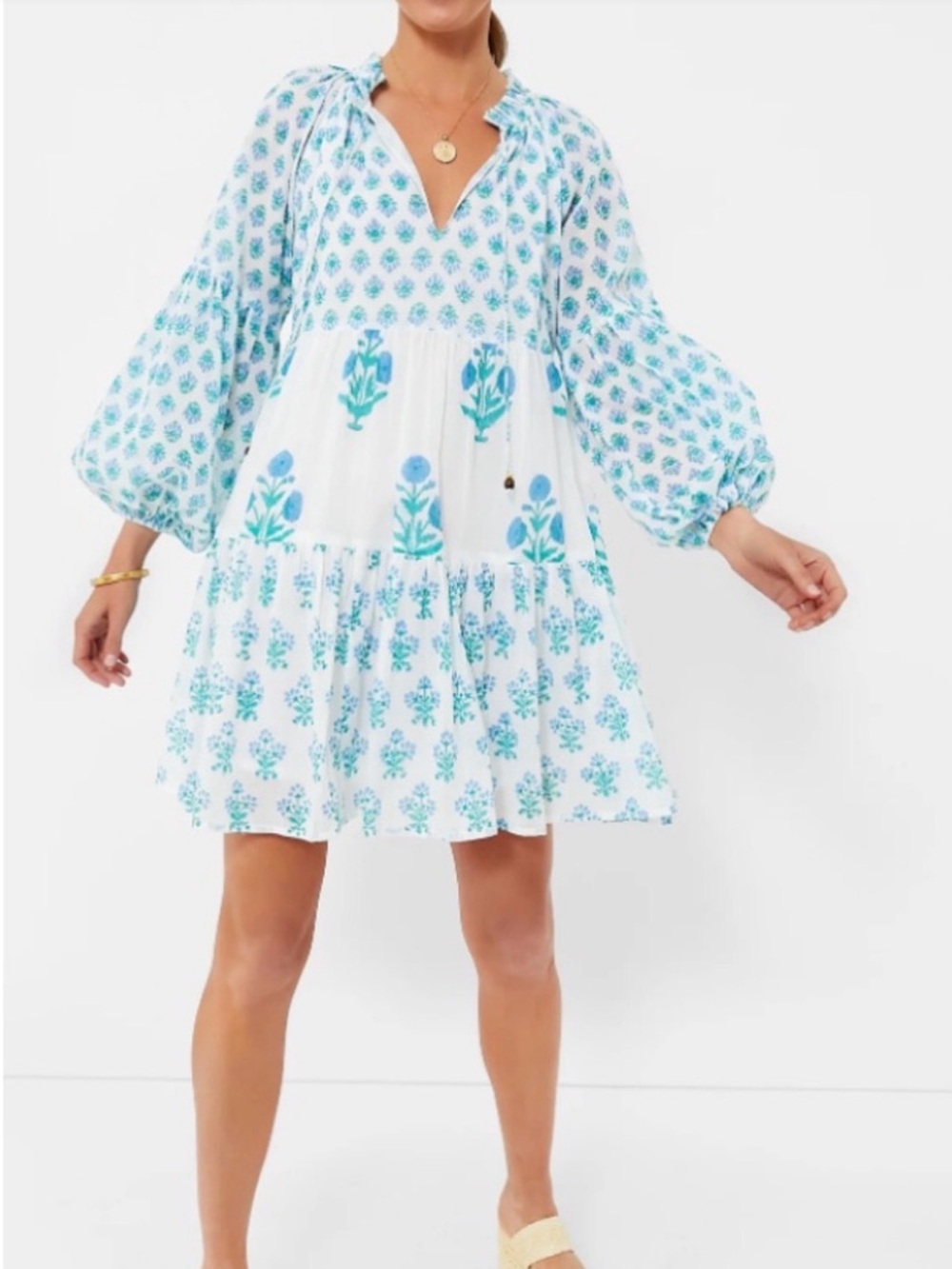 Oliphant Cotton Block Print Mini Dress M Blue Floral Boho Puff Sleeve Coastal